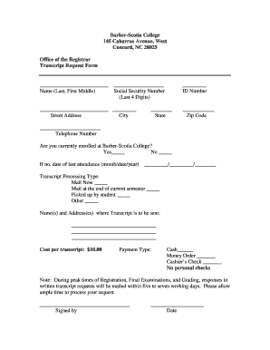 Barber Scotia College Transcript Request  Form