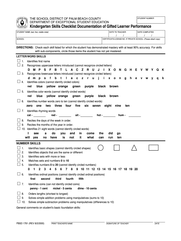 Palm Beach County Gifted Checklist  Form