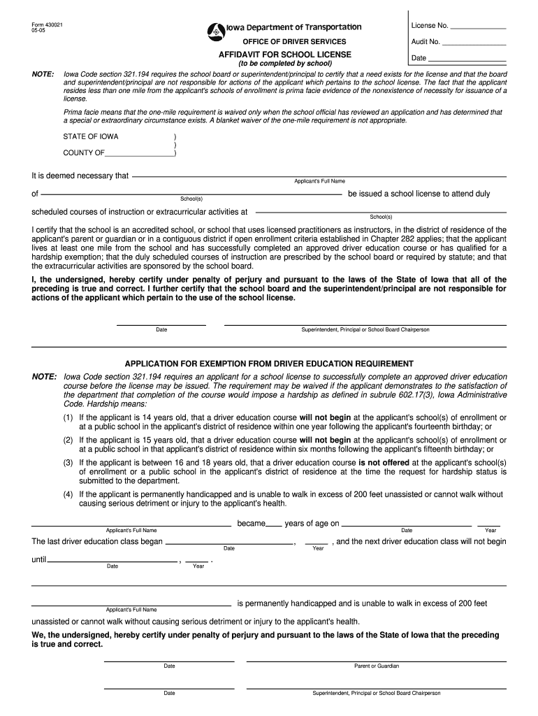  Affidavit for School License Form Fremont County Iowa 2005