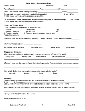 Life Threatening Allergy Plan Fillable Form