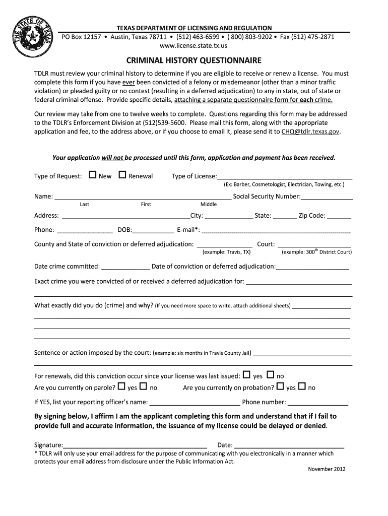 Get and Sign Tdlr Criminal History Questionnaire Form 2020-2022