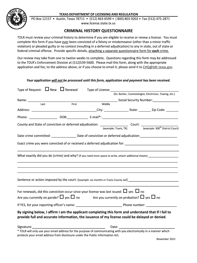  Tdlr Criminal History Questionnaire Form 2020