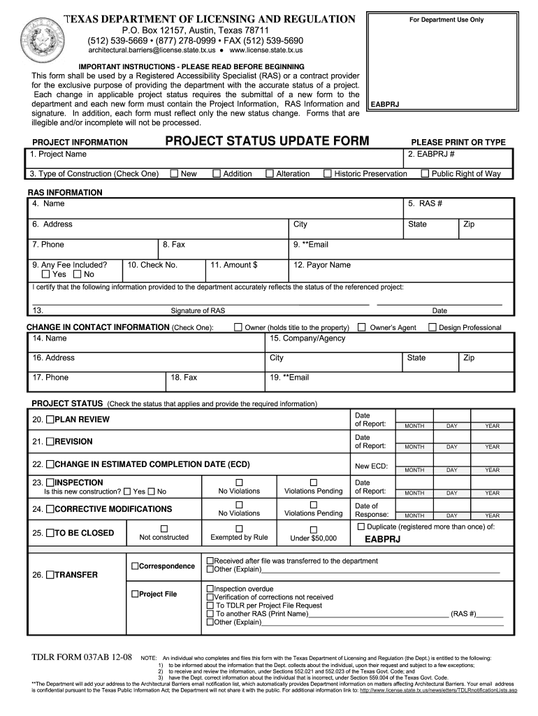 Project Status Update Form Texas Department of Licensing and Tdlr State Tx