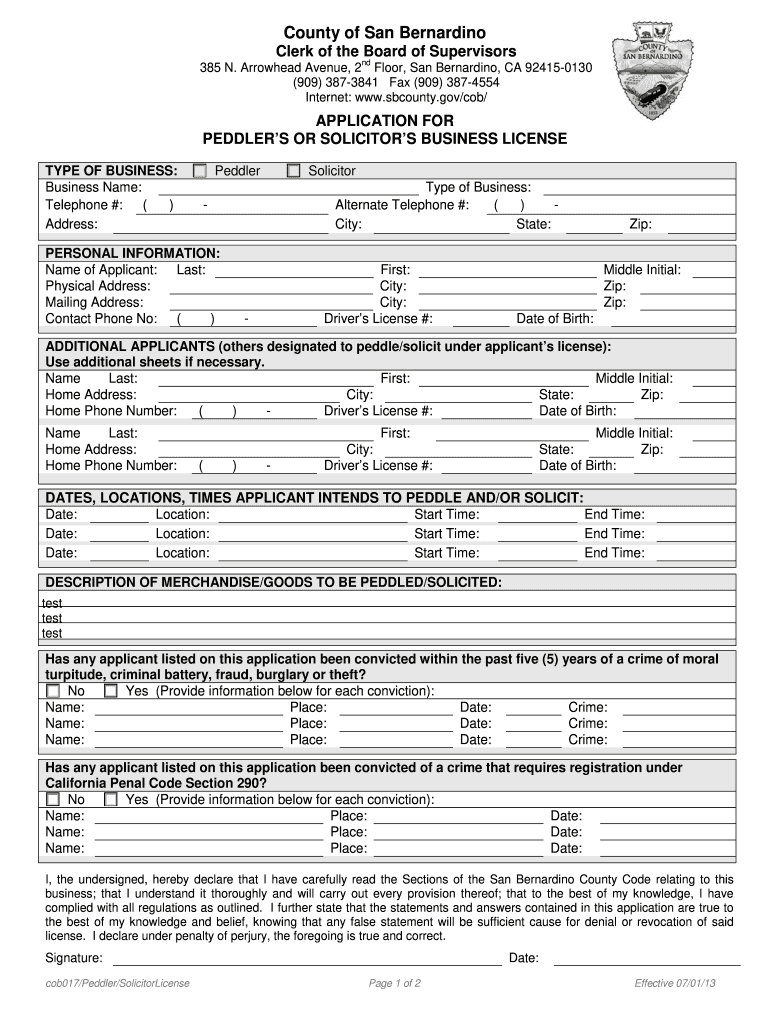  Solicitors License in Ca in San Bernardino County Form 2013