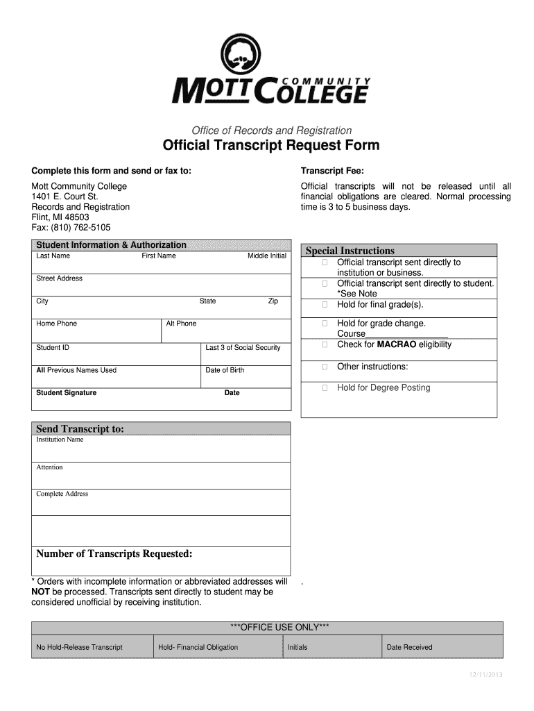  How to Get My Transcripts from Mott Community College Form 2013