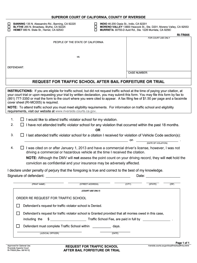 Get and Sign Request for Traffic School After Bail Forfeiture or Trial Form 