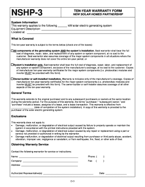 NSHP 3 Ten Year Warranty Form Go Solar California Gosolarcalifornia