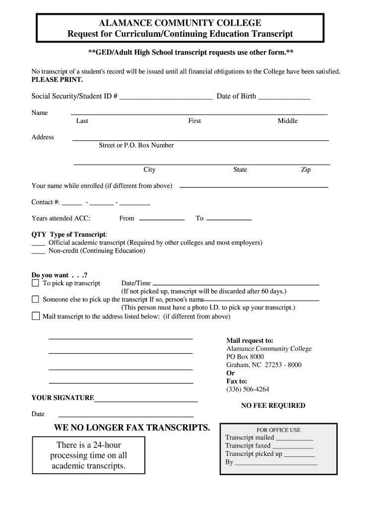 Alamance Community College Transcript Request  Form