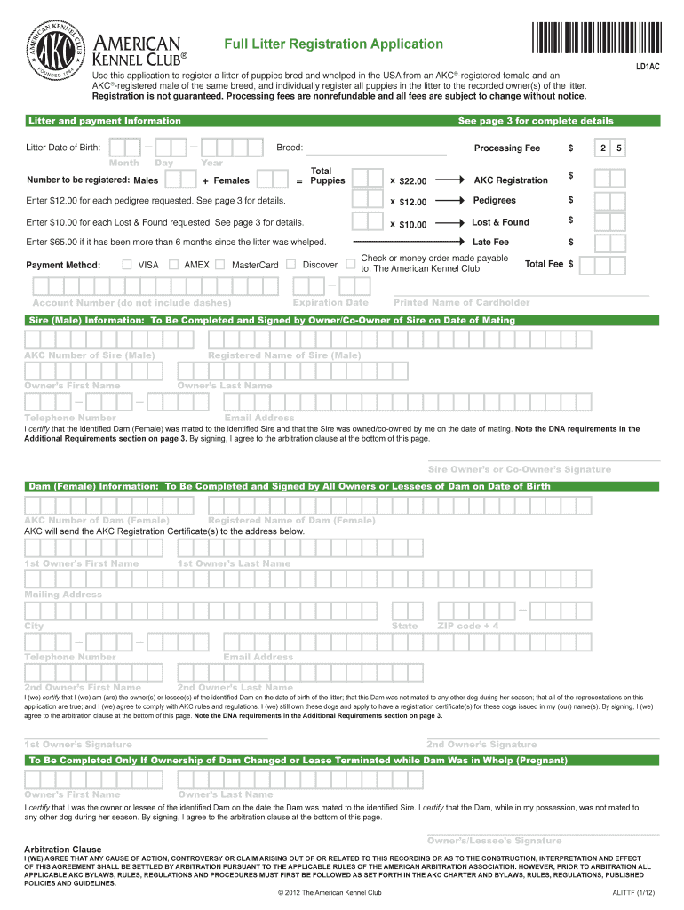 Akc Registration Fee  Form