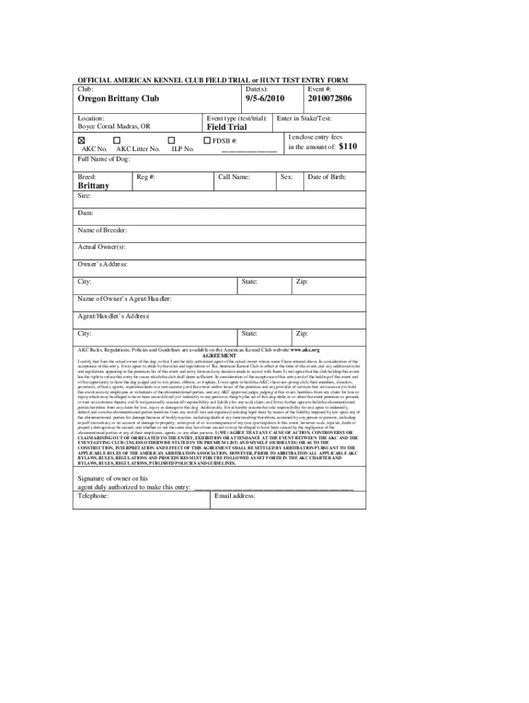 Akc Field Trial Entry Form