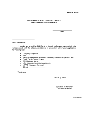 Authorization Letter to Conduct Credit Investigation  Form