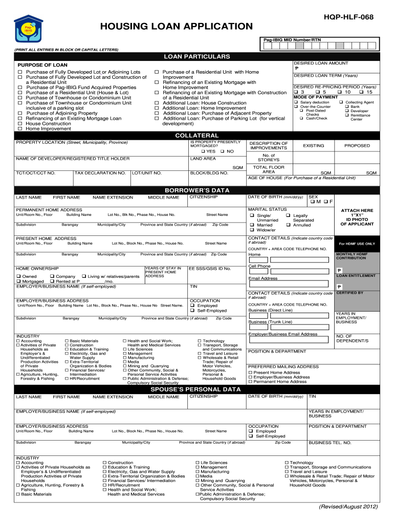  Pagibig Housing Loan Application Form Hqp Hlf 068 2012