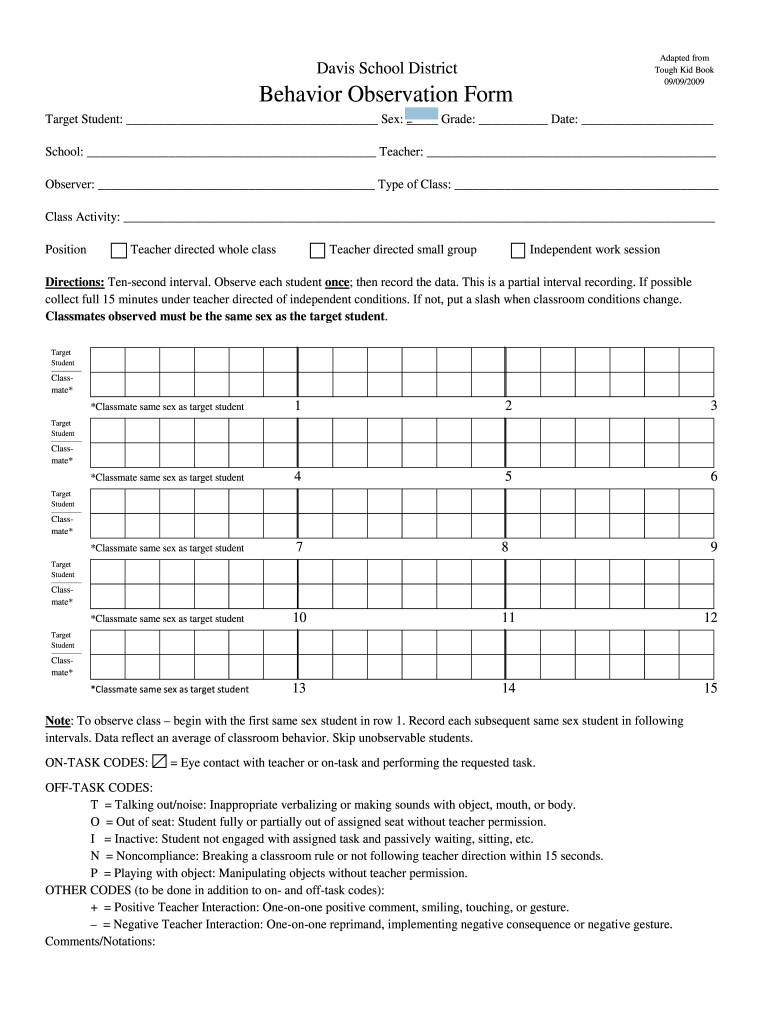 Get and Sign Printable Behavior Observation Form 2009-2022
