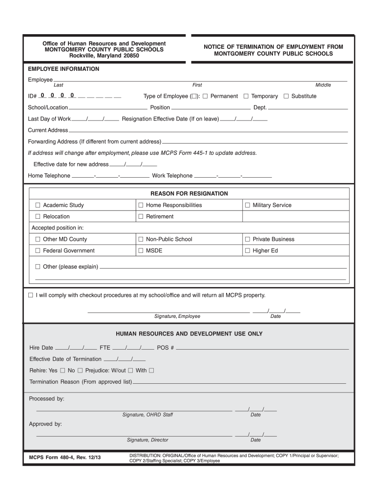  MCPS Form 480 4 Notice of Termination of Employment from Montgomeryschoolsmd 2013