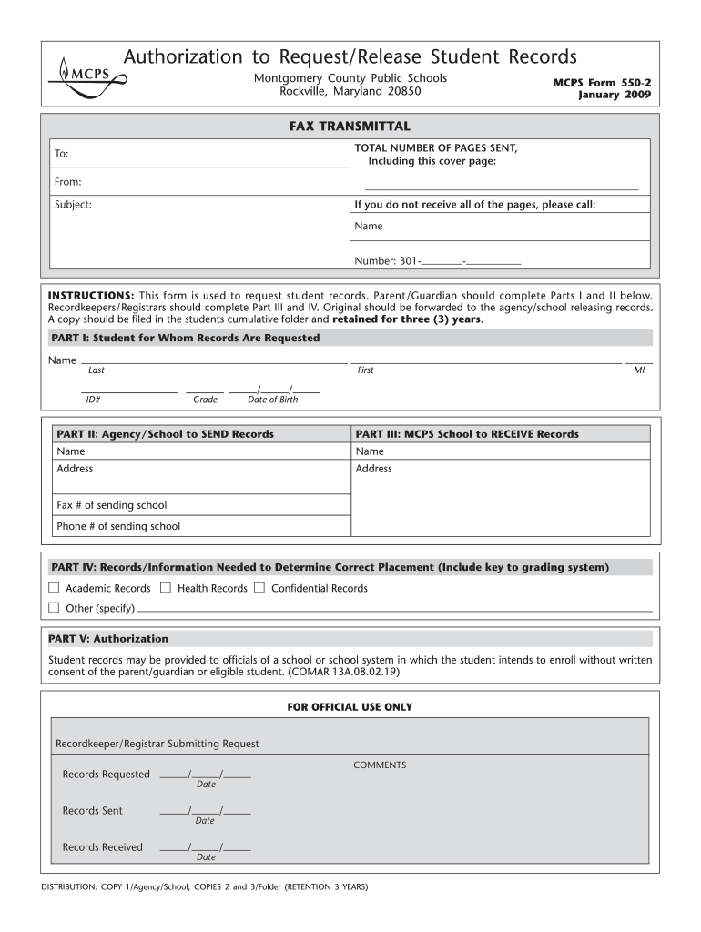  MCPS Form 550 2 Authorization to RequestRelease Student Records  Montgomeryschoolsmd 2009