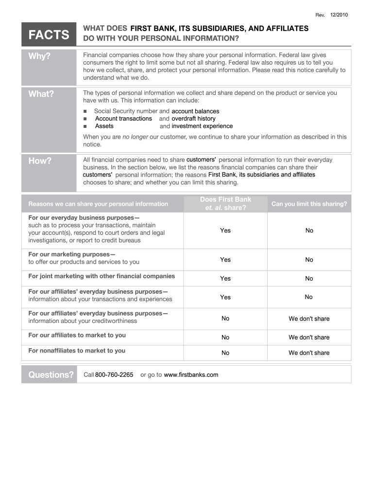 Privacy Notice Form  No Opt Out with Affiliate Marketing  First Bank