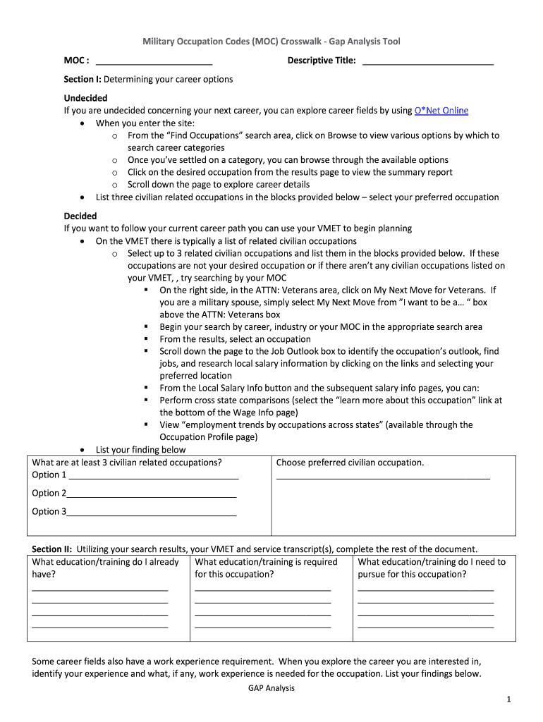 Moc Crosswalk Gap Analysis Worksheet Fillable  Form