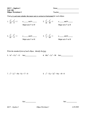 Ellipse Worksheet with Answers PDF  Form