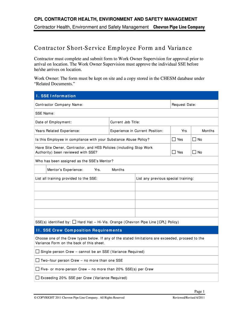 Short Service Employee Checklist  Form