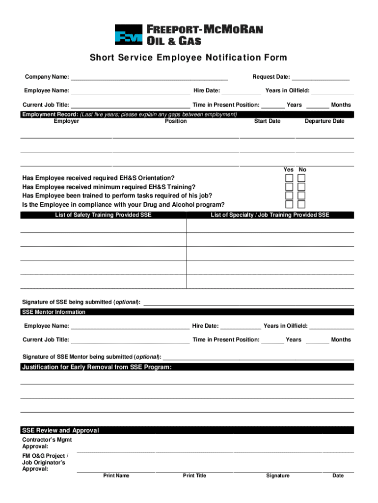 Short Service Employee Checklist  Form