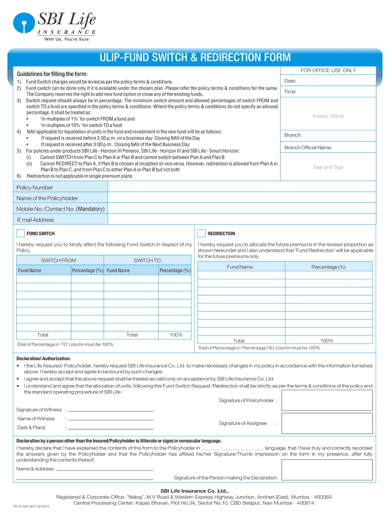 Sbi Life Fund Switch Form