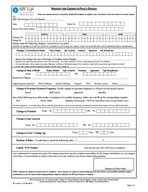 Sbi Life Change in Policy Details Form