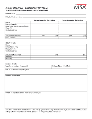 Child Protection Incident Report Template  Form