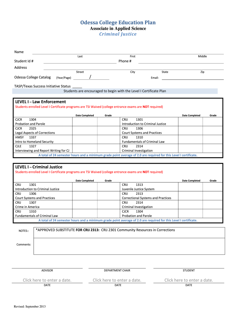 Criminal Justice Degree Plan Sample  Odessa College  Odessa  Form