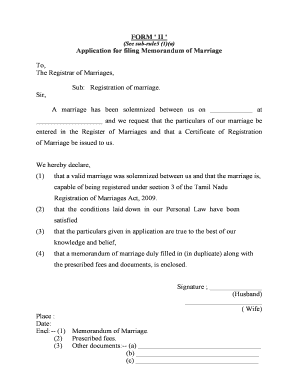 Memorandum of Marriage  Form