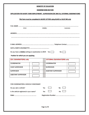 Application Form for Exams Staff Ministry of Education