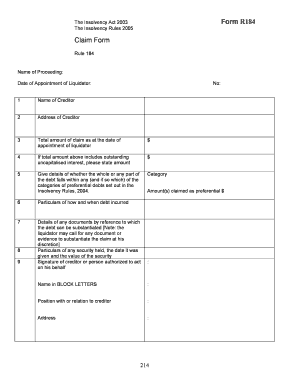 Form R184 Claim Form