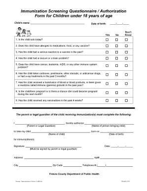 Child Immunization Questionnaire  Form
