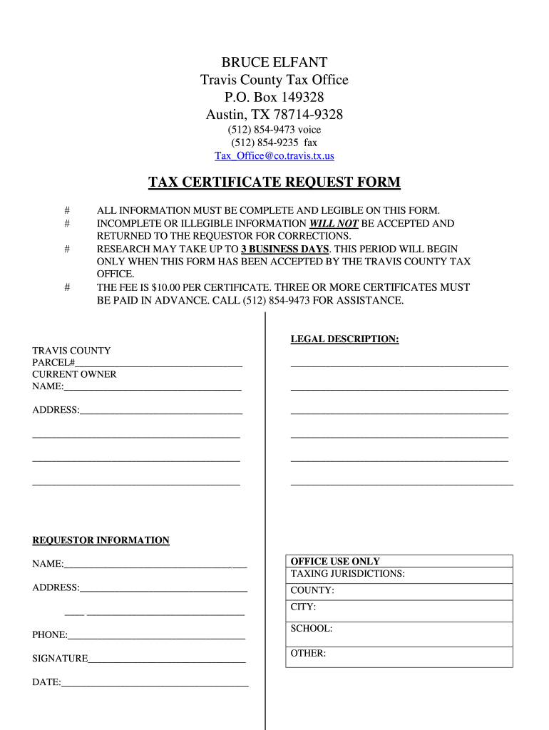 Travis County Tax Certificate Request Form