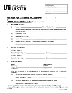 Transcript Request Form University of Ulster Ulster Ac