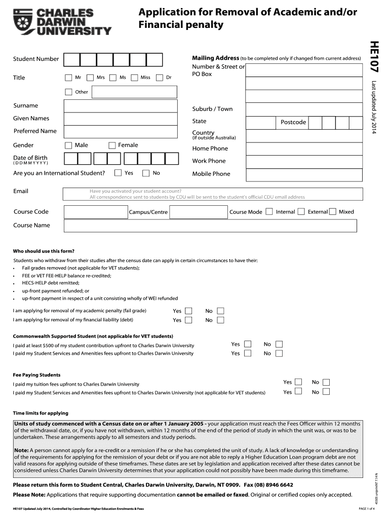HE107 HE Application for Removal of Academic Andor Financial    Cdu Edu  Form