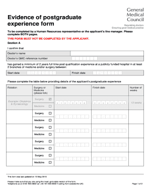  Gmc Evidence of Postgraduate Experience Form 2010