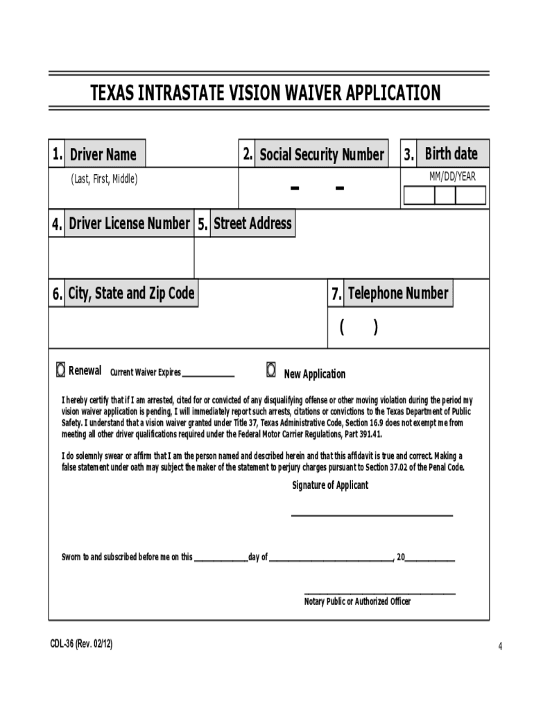  Texas Vision Waiver 2012