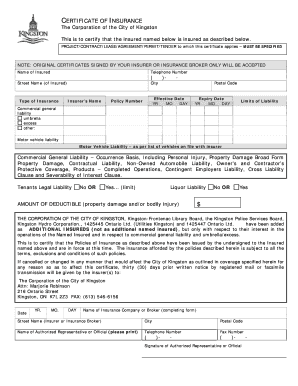 Corporation of the City of Kingston Certificate of Insurance Form