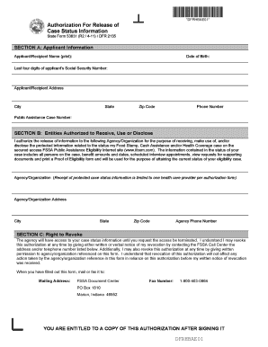 Authorization for Release of Case Status Information State of Indiana State in