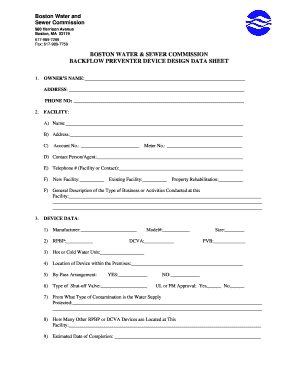 Backflow Prevention Device Design Data Sheet Boston Water and Bb Bwsc  Form