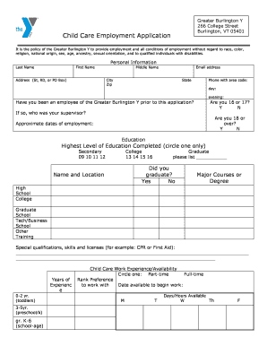 Blank Printable Job Applications for in Home Child Care  Form