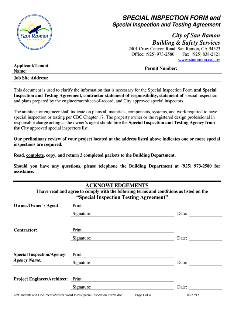  Special Inspection Form 2013-2024