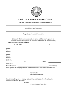 Trade Name Certificate Form Town of Cheshire Cheshirect