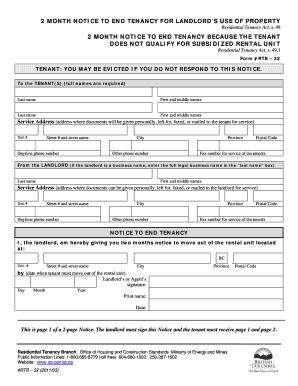 Two Month Notice to End Tenancy Residential Tenancy Office  Form