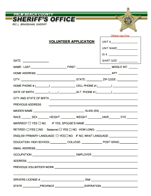VOLUNTEER APPLICATION Palm Beach County Sheriff&#039;s Office  Form