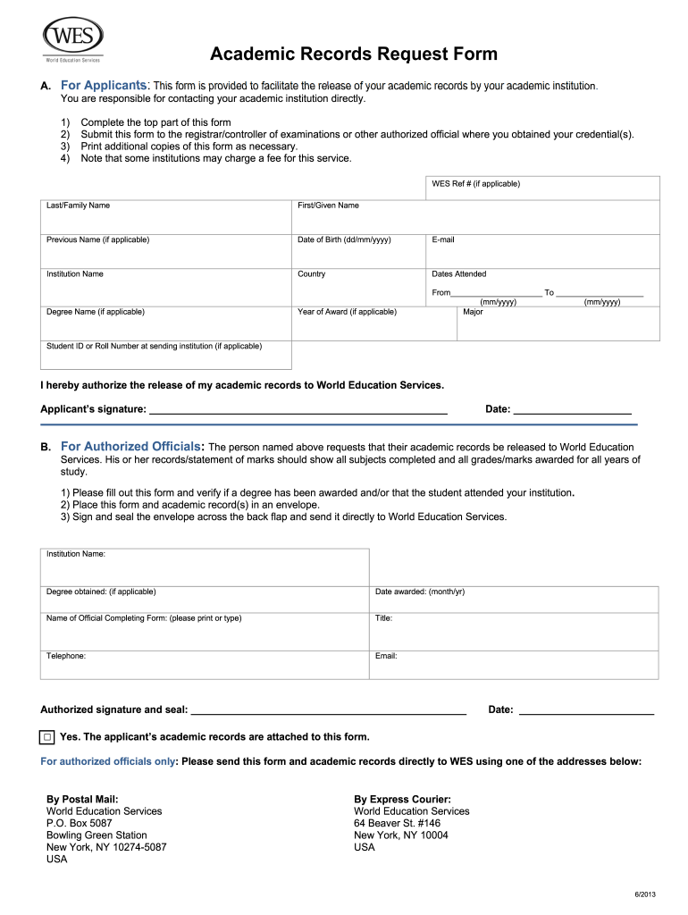  Wes Academic Request Form 2013