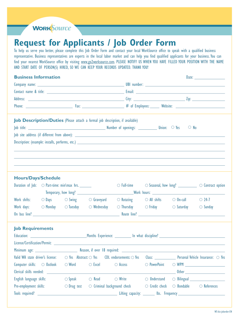 Request for Applicants Job Order Form  Esd Wa