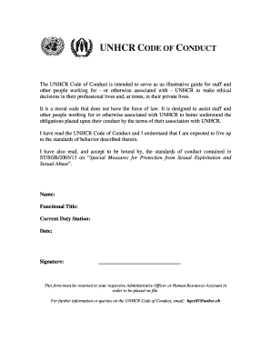 UNHCR Code of Conduct Signature Form for Non UN Personnel Un