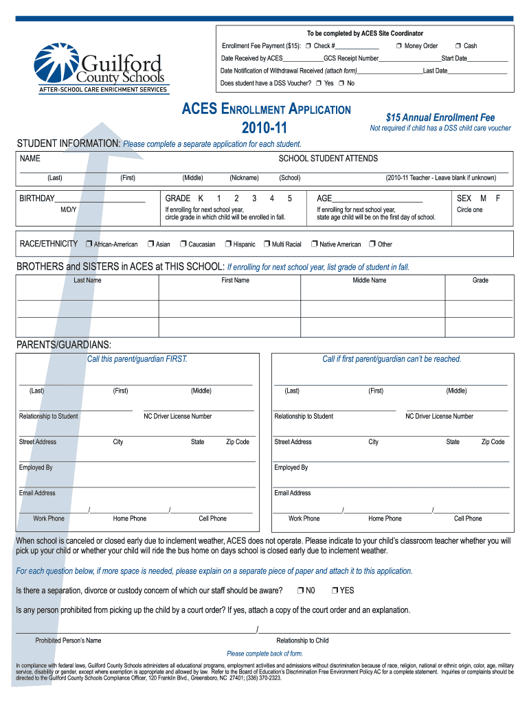 Get and Sign ACES Enrollment Application  Guilford County Schools 2010-2022 Form
