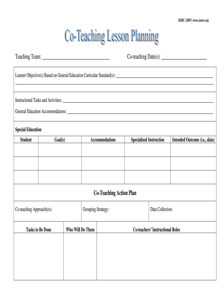 Co Teaching Lesson Plan Template  Form